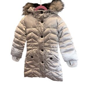 Lands' End Girl’s Silver Down Coat with Faux Fur Trim